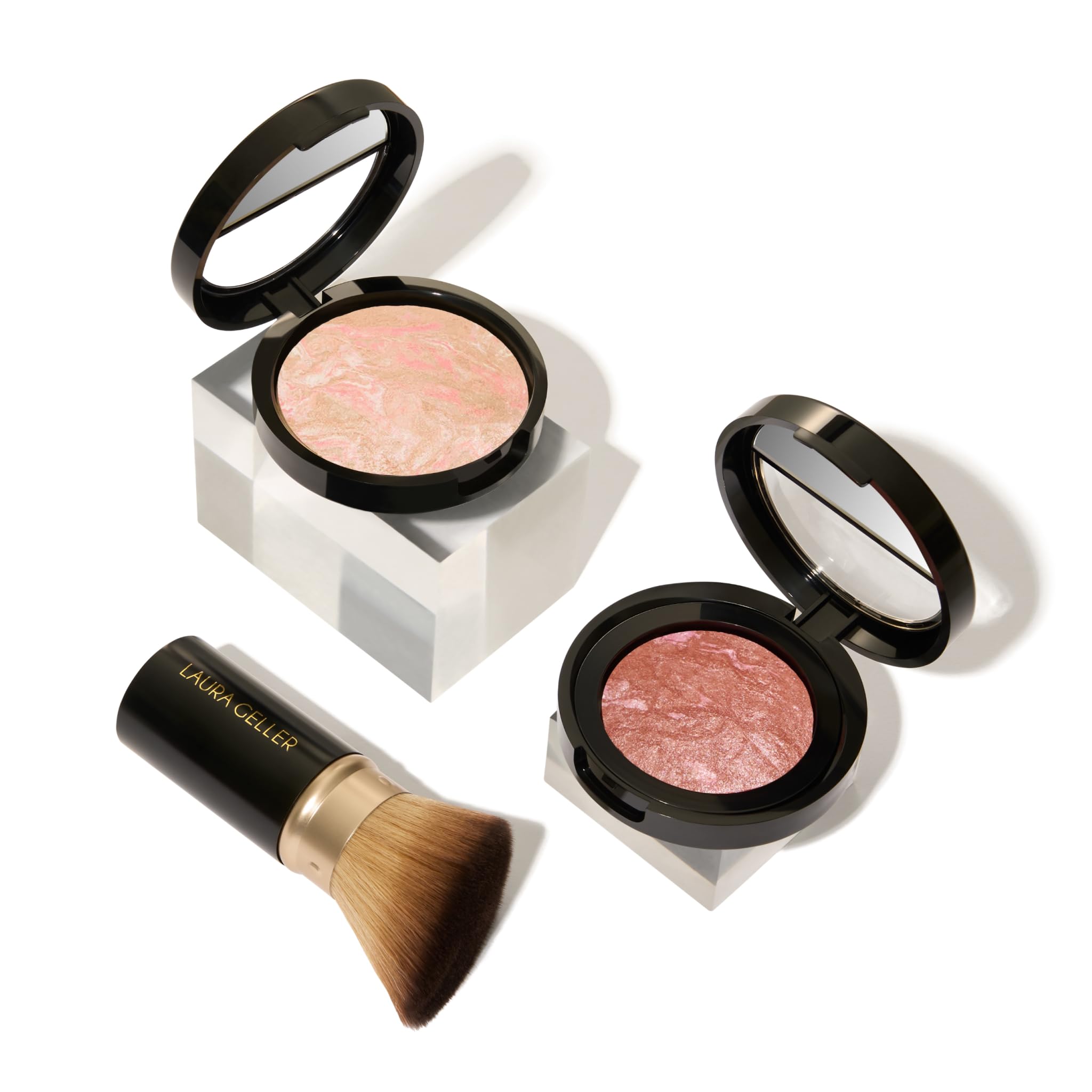 LAURA GELLER NEW YORK Baked Balance-N-Glow Illuminating Powder Foundation, Medium + Retractable Kabuki Brush + Baked Blush-N-Brighten, Pink Grapefruit