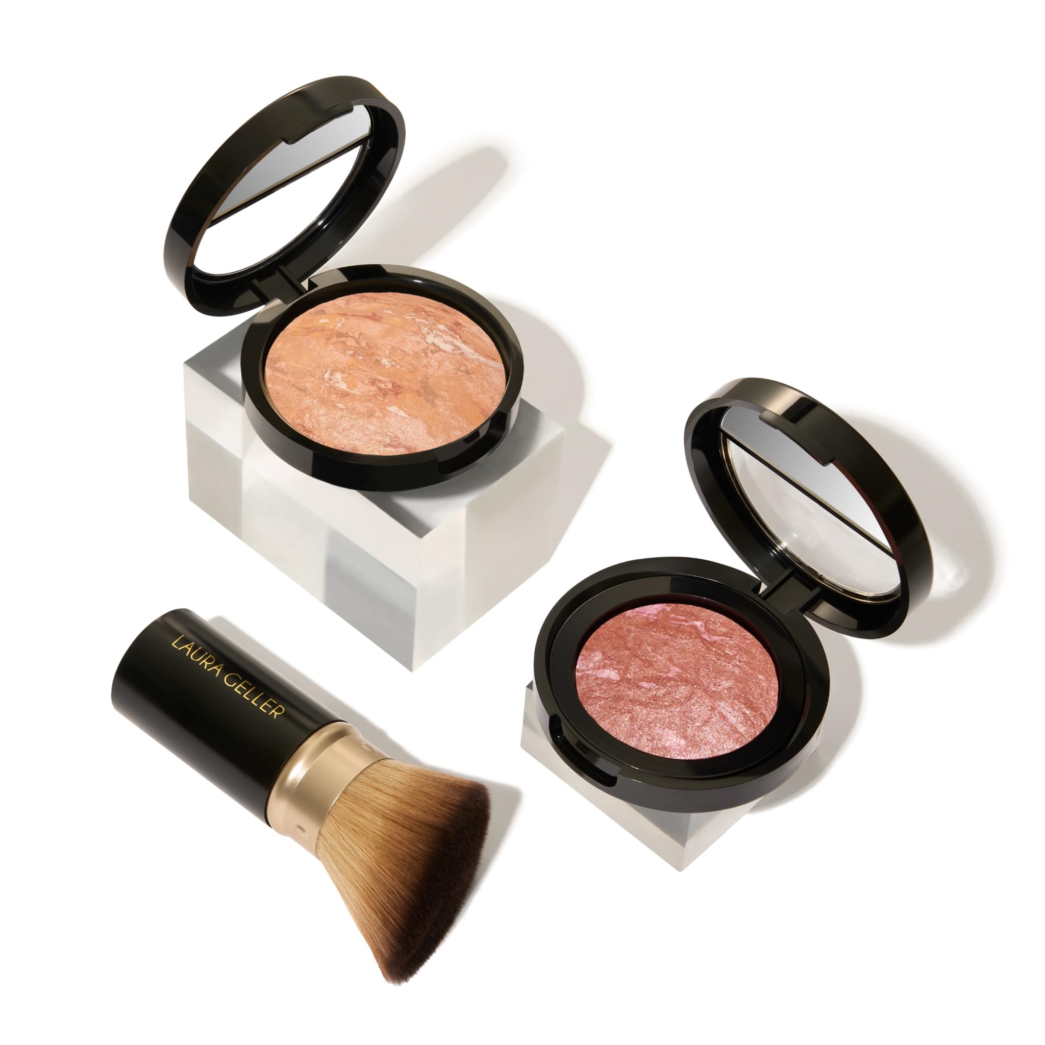 LAURA GELLER NEW YORK Baked Balance-N-Glow Illuminating Powder Foundation, Medium + Retractable Kabuki Brush + Baked Blush-N-Brighten, Pink Grapefruit