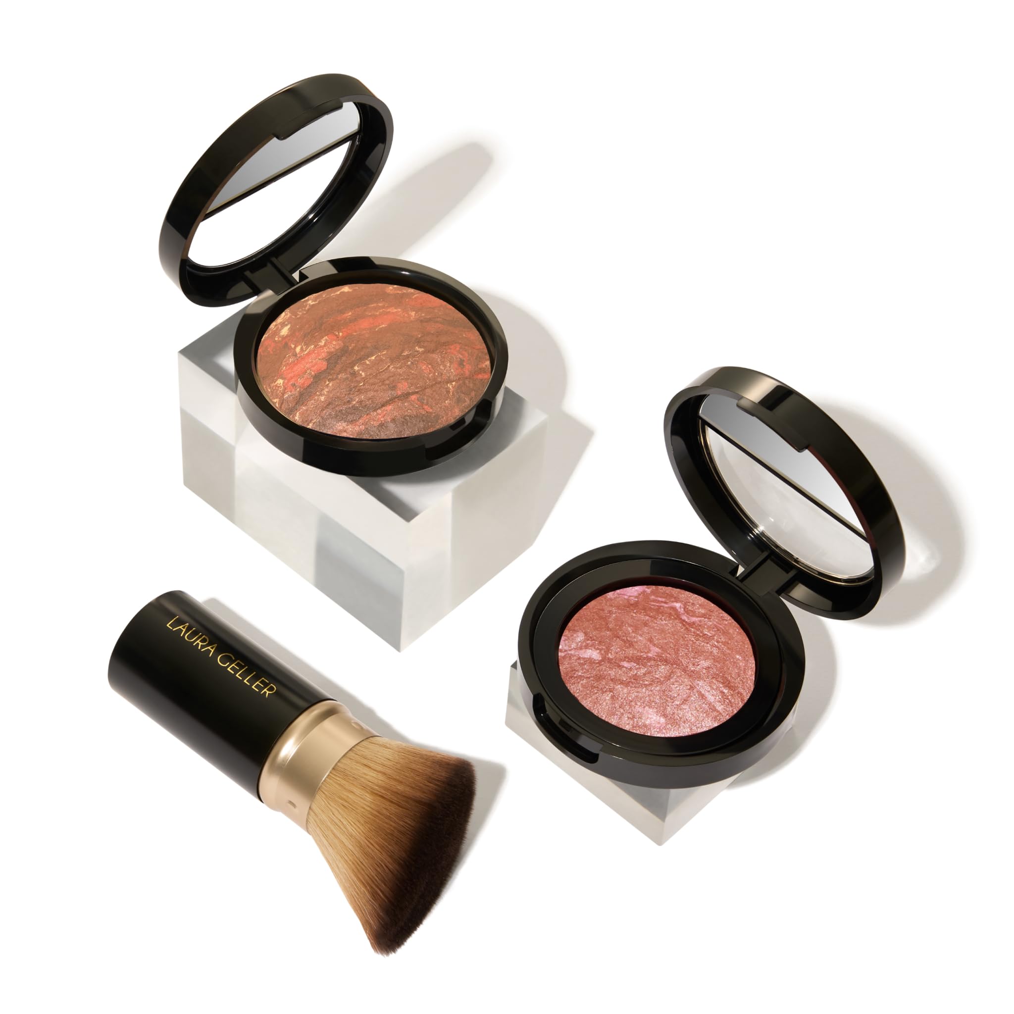 LAURA GELLER NEW YORK Baked Balance-N-Glow Illuminating Powder Foundation, Medium + Retractable Kabuki Brush + Baked Blush-N-Brighten, Pink Grapefruit