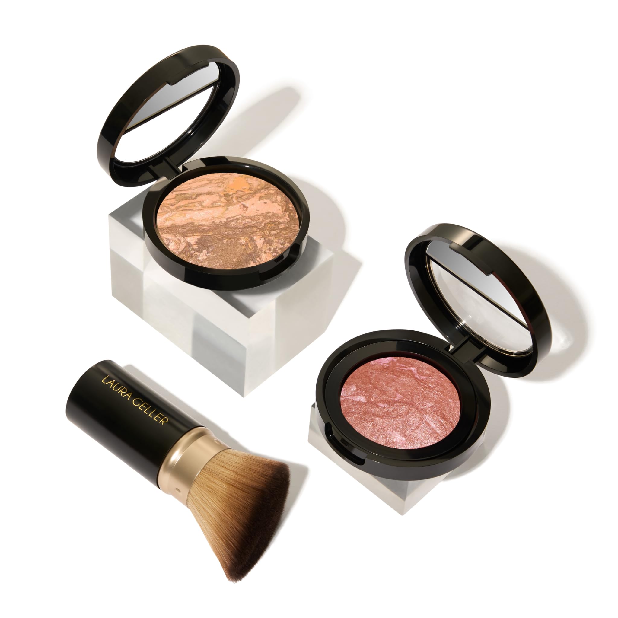 LAURA GELLER NEW YORK Baked Balance-N-Glow Illuminating Powder Foundation, Medium + Retractable Kabuki Brush + Baked Blush-N-Brighten, Pink Grapefruit