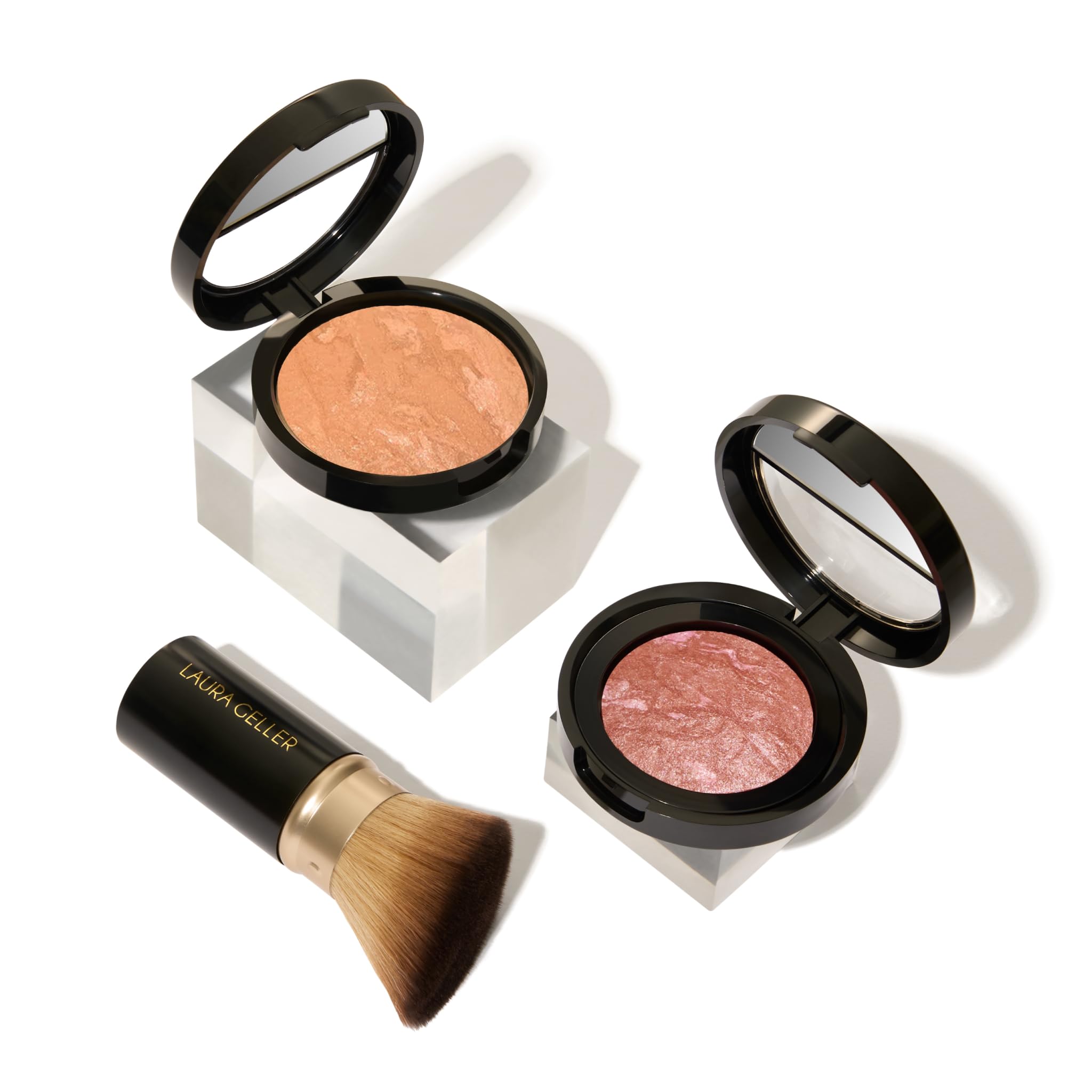 LAURA GELLER NEW YORK Baked Balance-N-Glow Illuminating Powder Foundation, Medium + Retractable Kabuki Brush + Baked Blush-N-Brighten, Pink Grapefruit