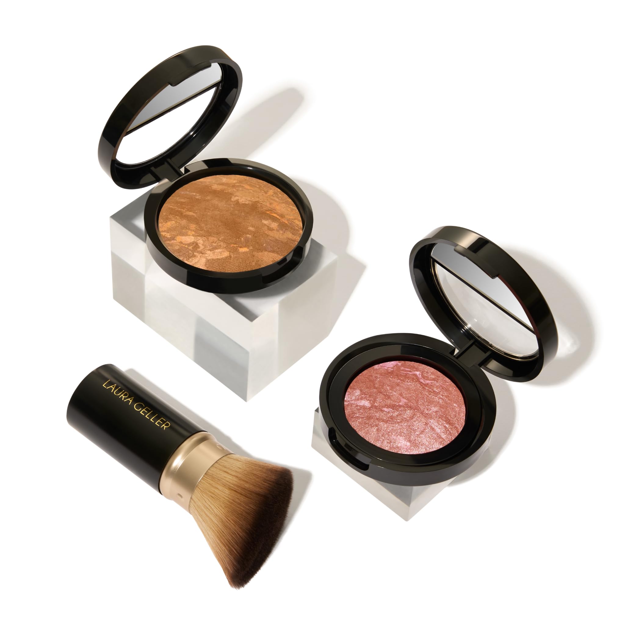 LAURA GELLER NEW YORK Baked Balance-N-Glow Illuminating Powder Foundation, Medium + Retractable Kabuki Brush + Baked Blush-N-Brighten, Pink Grapefruit
