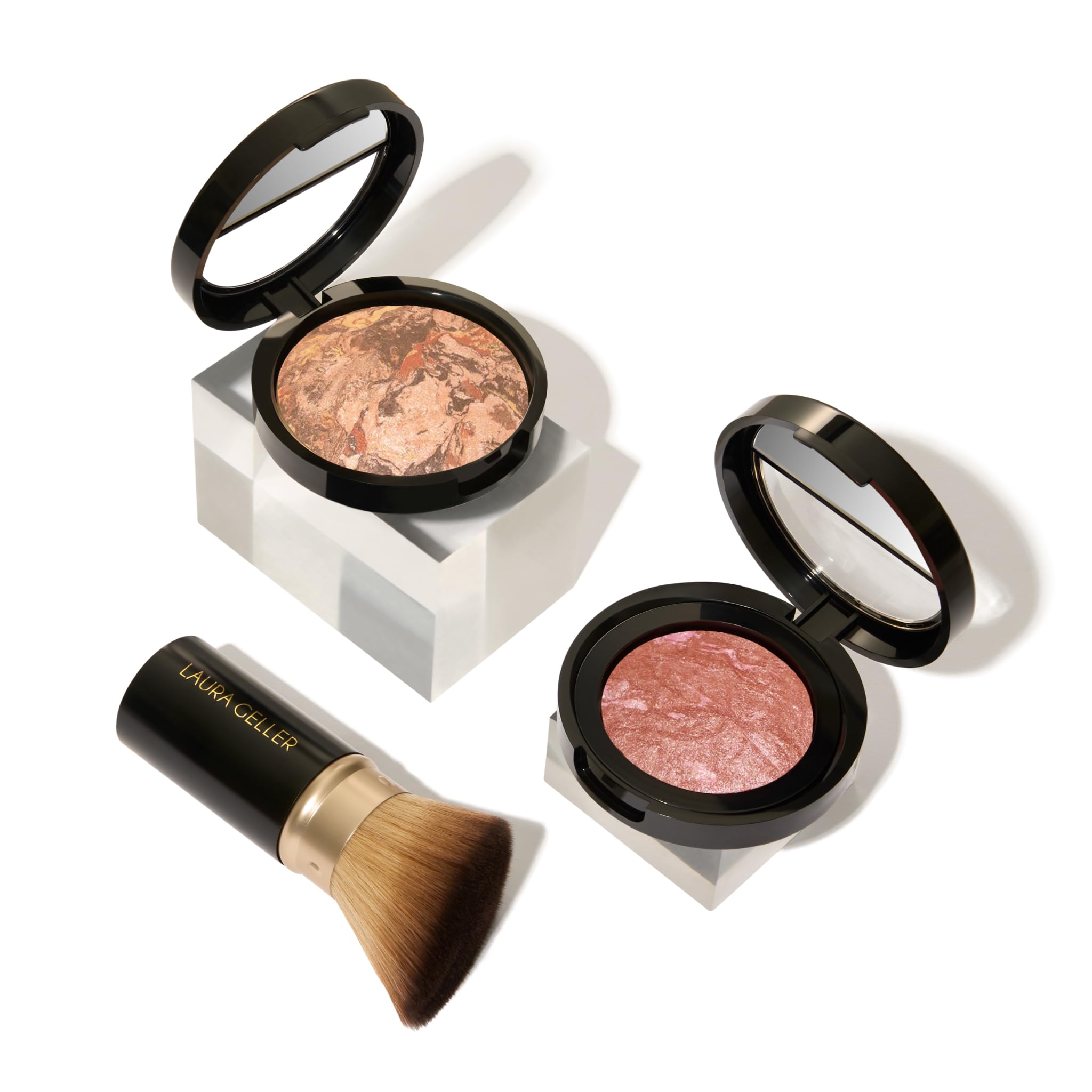 LAURA GELLER NEW YORK Baked Balance-N-Glow Illuminating Powder Foundation, Medium + Retractable Kabuki Brush + Baked Blush-N-Brighten, Pink Grapefruit